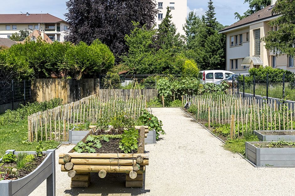 bac de jardin suspendu près d'une allée gravillonnée