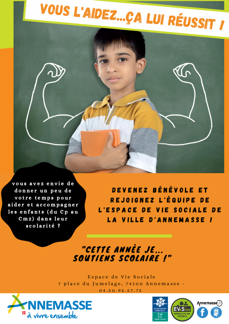 Affiche pdf concernant la recherche de bénévoles pour organiser du soutien scolaire pour les élemntaire à l'EVS - Agrandir l'image, .PDF 644 KB (fenêtre modale)